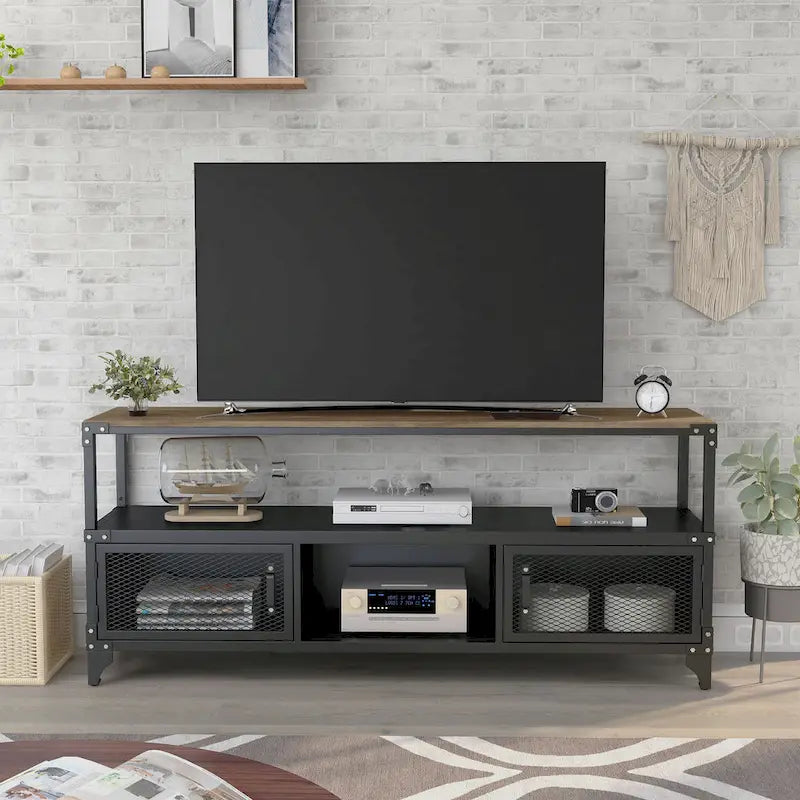 70-inch Steel TV Console with 2 Wire-Mesh Cabinets – Sand Black & Dark Walnut