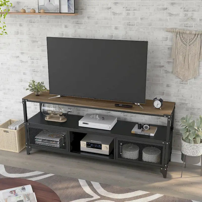 70-inch Steel TV Console with 2 Wire-Mesh Cabinets – Sand Black & Dark Walnut