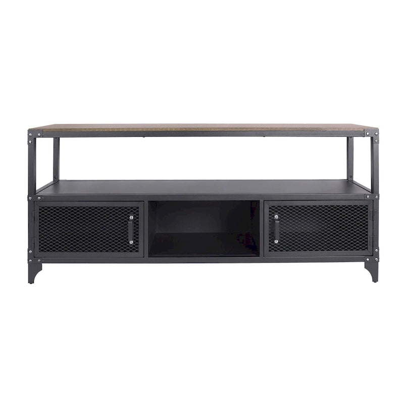 70-inch Steel TV Console with 2 Wire-Mesh Cabinets – Sand Black & Dark Walnut