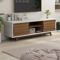 Mid-Century Modern White and Walnut 62-inch Wide 6-Shelf TV Stand