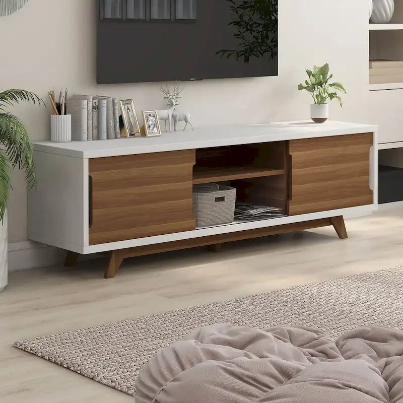  Mid-Century Modern White and Walnut 62-inch Wide 6-Shelf TV Stand by 