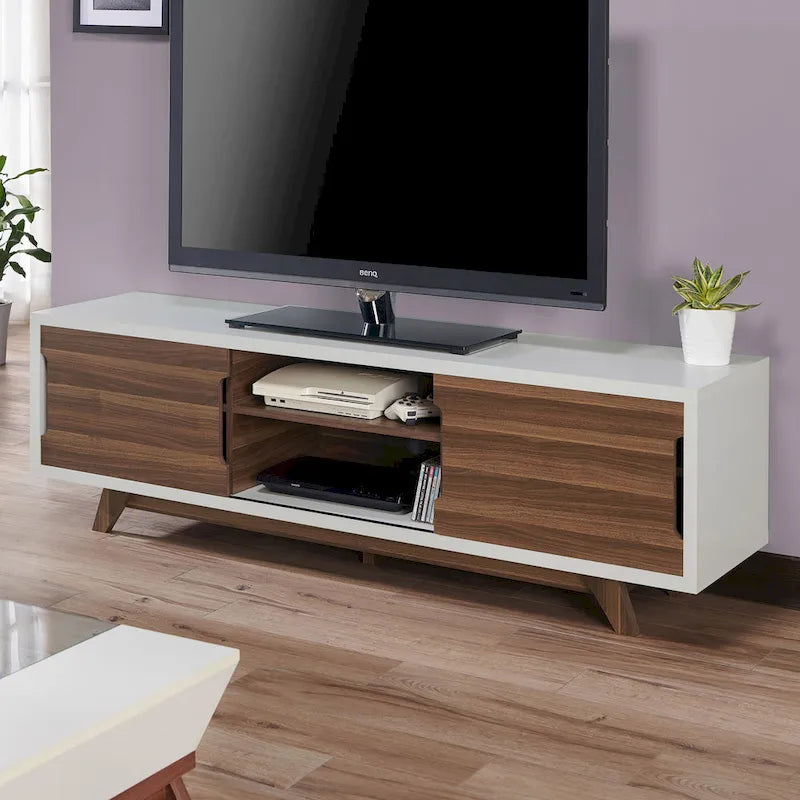 Mid-Century Modern White and Walnut 62-inch Wide 6-Shelf TV Stand
