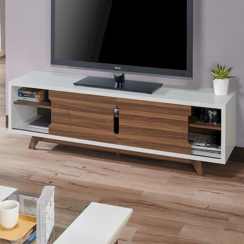 Mid-Century Modern White and Walnut 62-inch Wide 6-Shelf TV Stand