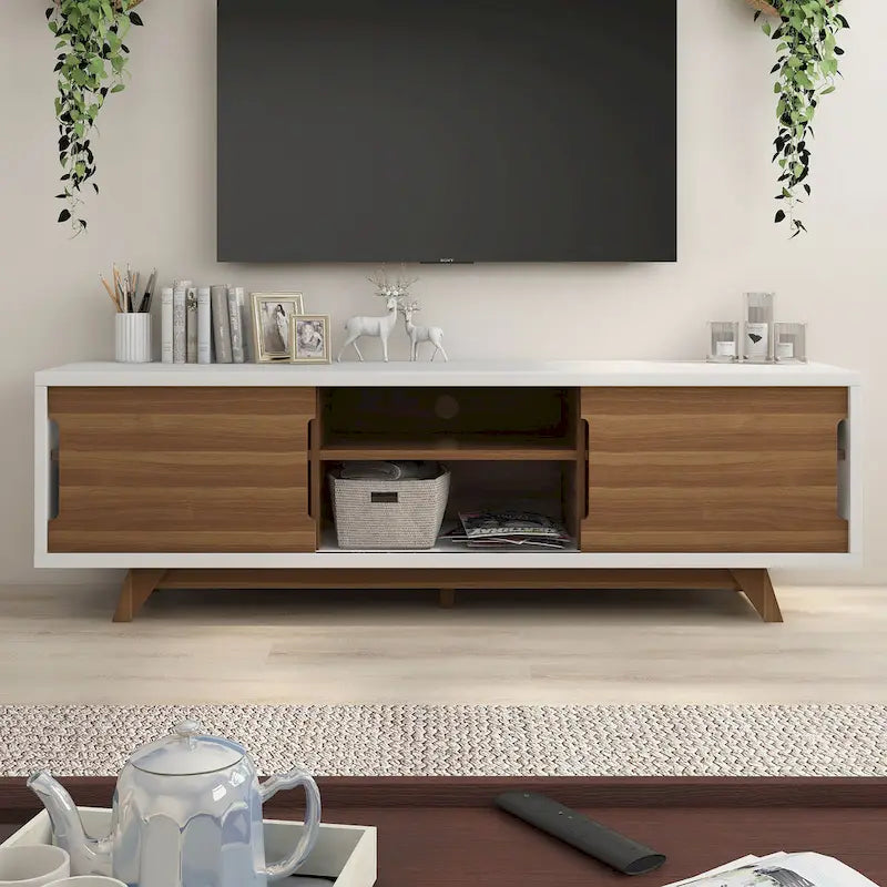 Mid-Century Modern White and Walnut 62-inch Wide 6-Shelf TV Stand