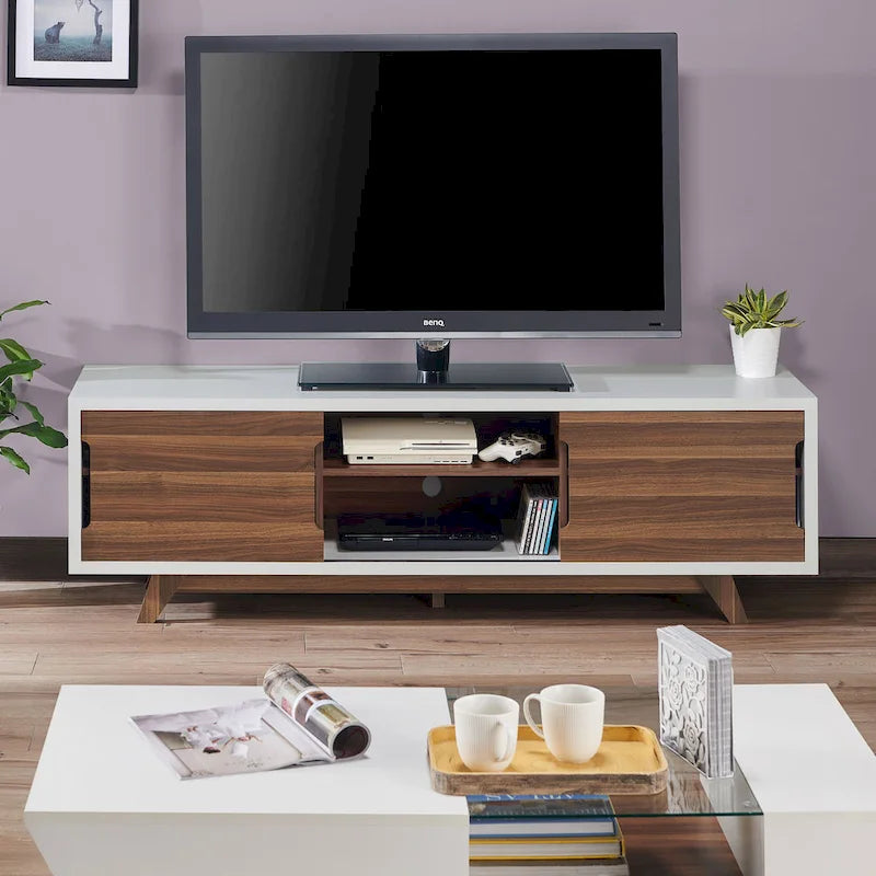 Mid-Century Modern White and Walnut 62-inch Wide 6-Shelf TV Stand