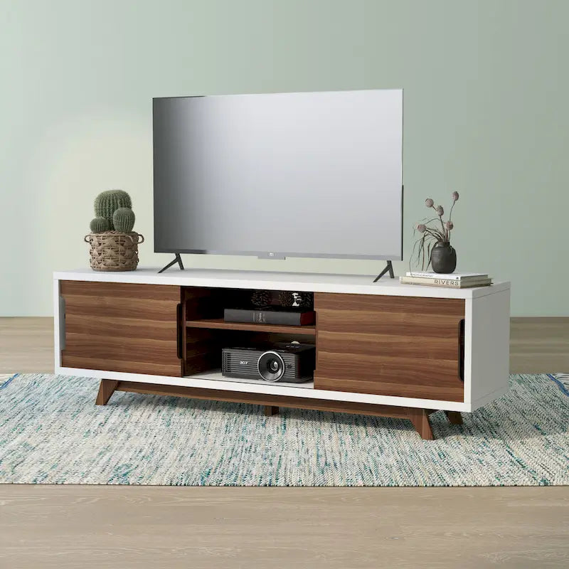 Mid-Century Modern White and Walnut 62-inch Wide 6-Shelf TV Stand