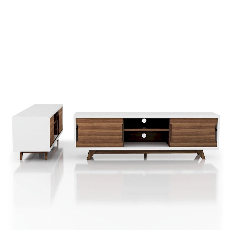 Mid-Century Modern White and Walnut 62-inch Wide 6-Shelf TV Stand