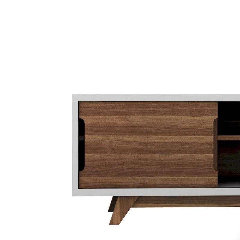 Mid-Century Modern White and Walnut 62-inch Wide 6-Shelf TV Stand