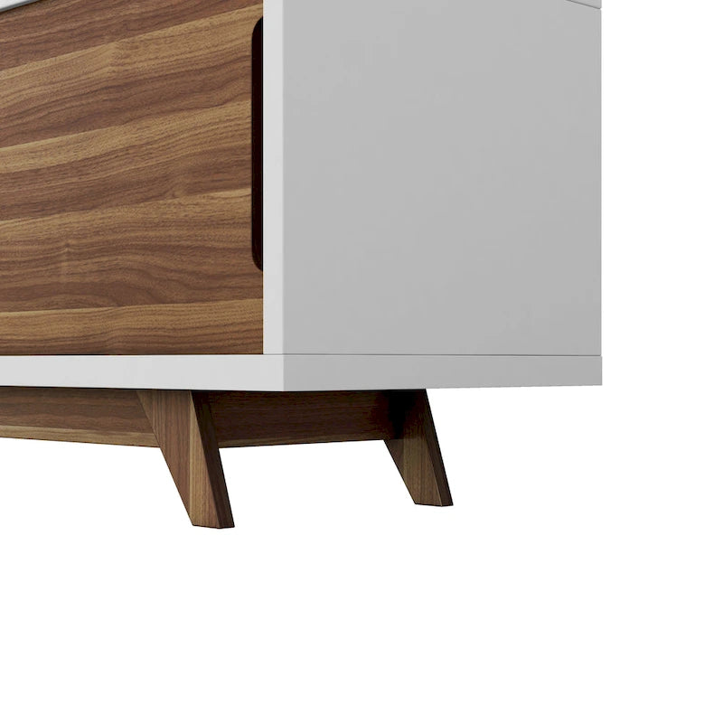 Mid-Century Modern White and Walnut 62-inch Wide 6-Shelf TV Stand