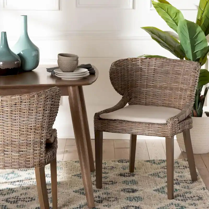  Niesha Bohemian Grey Natural Kubu Rattan and Mahogany Wood Dining Chair