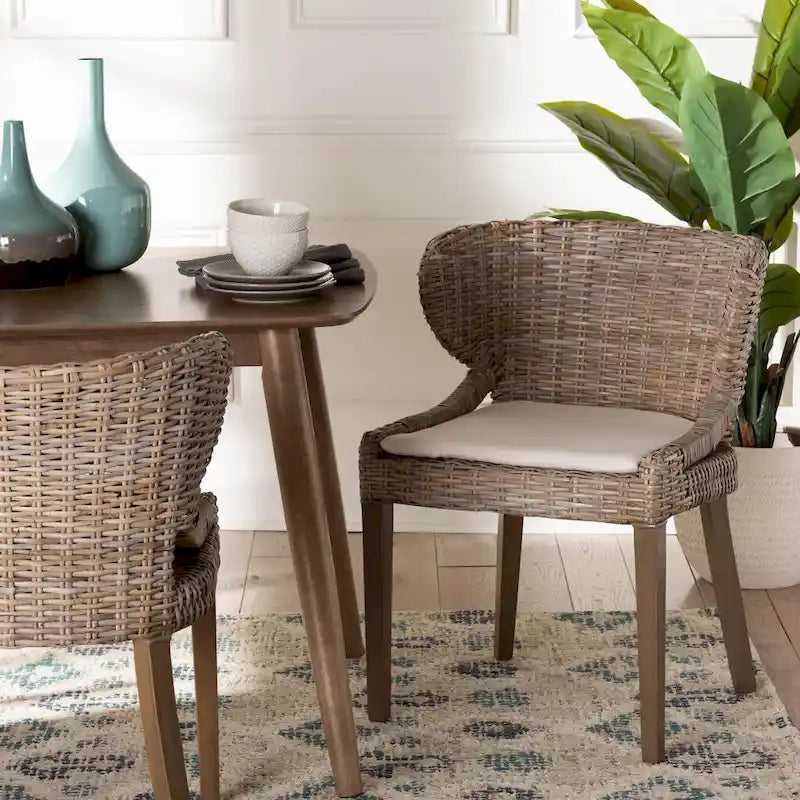 Bohemian Grey Natural Kubu Rattan and Mahogany Wood Dining Chair