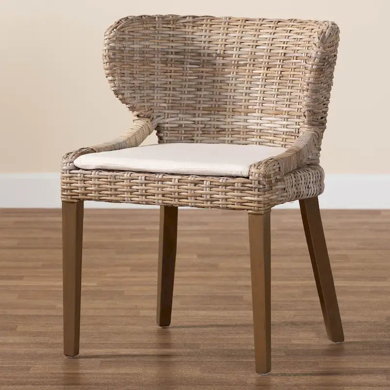 Bohemian Grey Natural Kubu Rattan and Mahogany Wood Dining Chair
