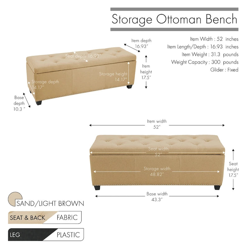 Fabric Upholstered Flip Top Storage Ottoman Bench