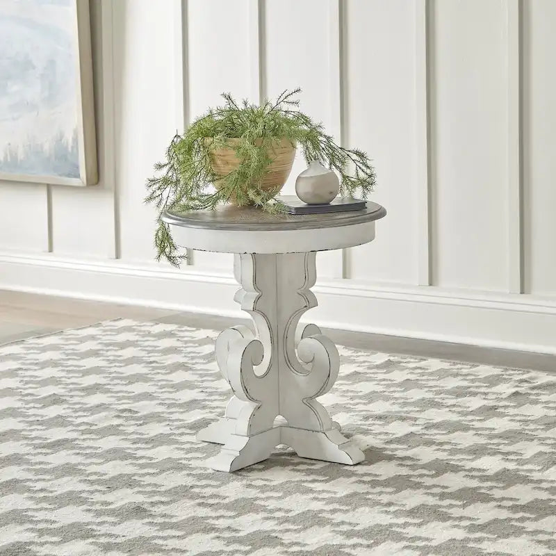 Round Pedestal End Table with Scrolled Base – 2 Finish Options