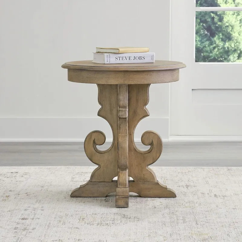 Round Pedestal End Table with Scrolled Base – 2 Finish Options