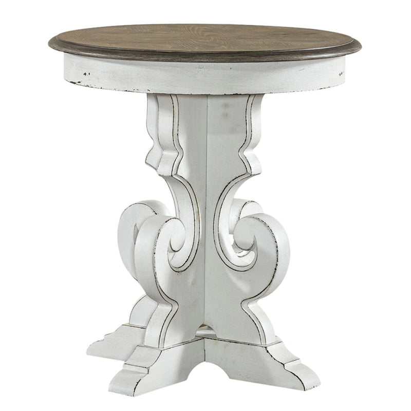 Round Pedestal End Table with Scrolled Base – 2 Finish Options