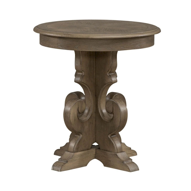 Round Pedestal End Table with Scrolled Base – 2 Finish Options