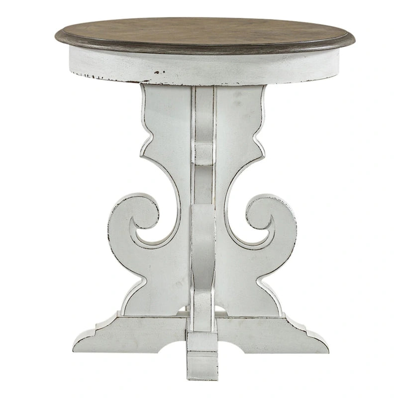 Round Pedestal End Table with Scrolled Base – 2 Finish Options
