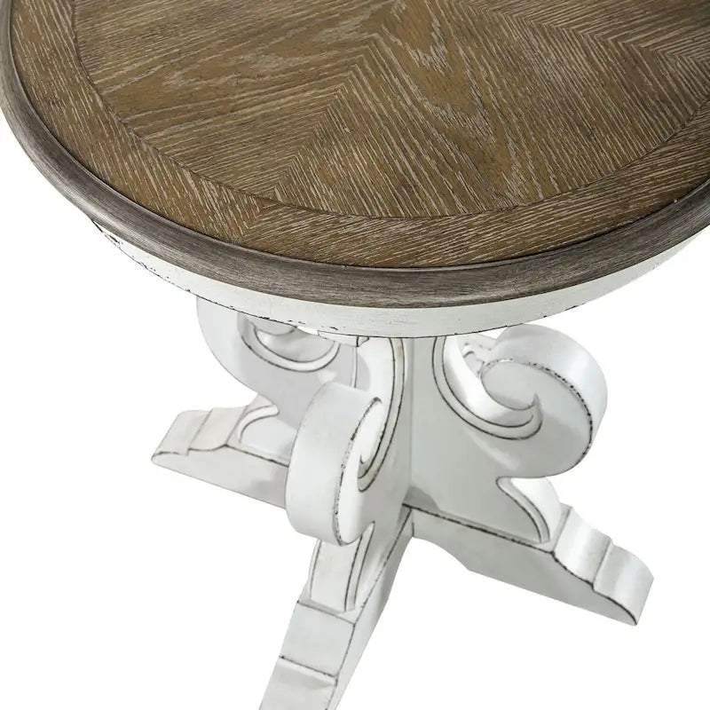 Round Pedestal End Table with Scrolled Base – 2 Finish Options