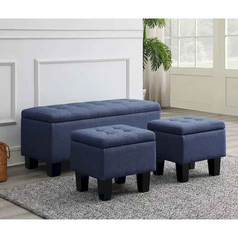 Tufted Storage Lift-Top Bench with 2 Matching Ottomans – Hardwood Frame