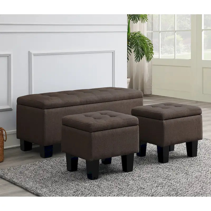 Tufted Storage Lift-Top Bench with 2 Matching Ottomans – Hardwood Frame