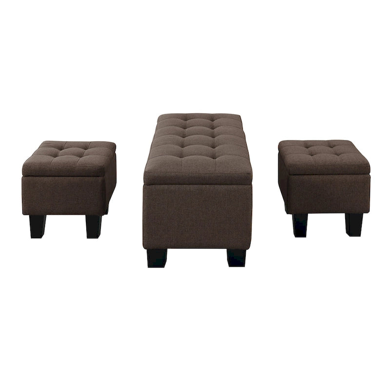 Tufted Storage Lift-Top Bench with 2 Matching Ottomans – Hardwood Frame