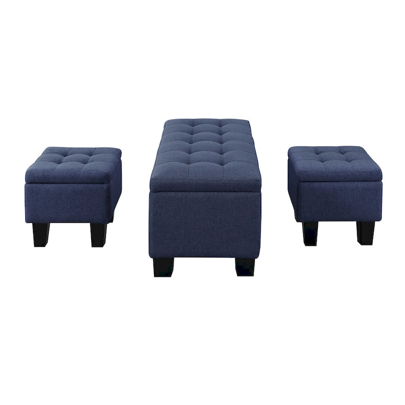 Tufted Storage Lift-Top Bench with 2 Matching Ottomans – Hardwood Frame