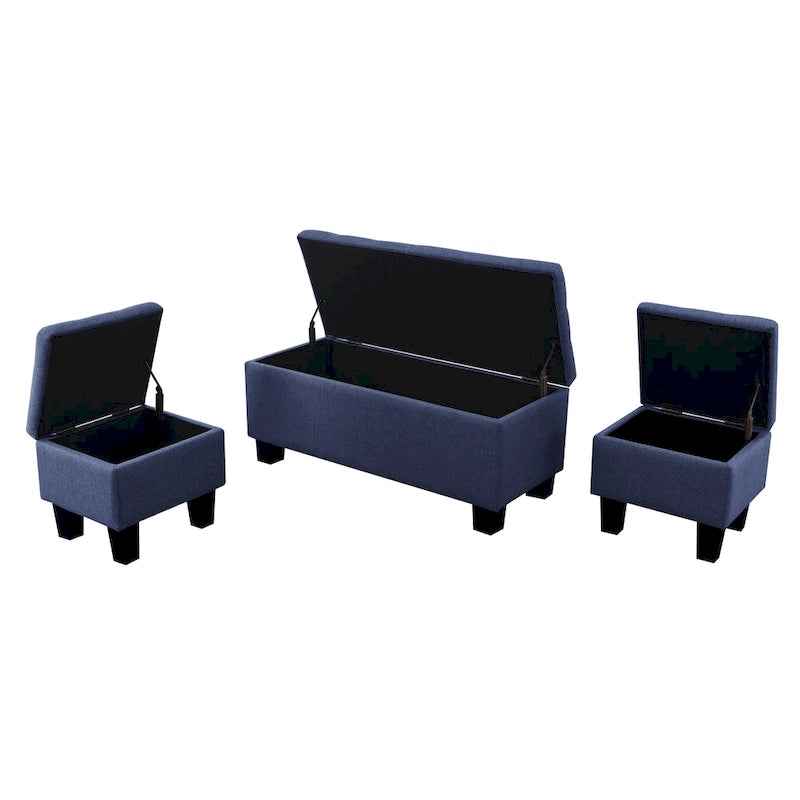 Tufted Storage Lift-Top Bench with 2 Matching Ottomans – Hardwood Frame