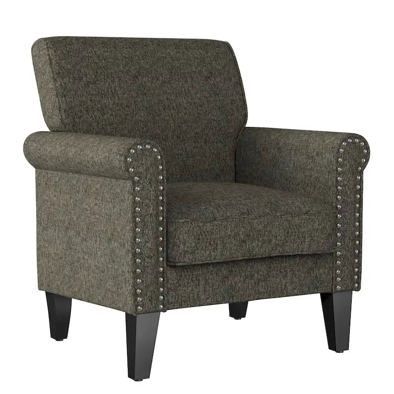 Rolled Arm Accent Chair with Pewter Nail-Head Trim – 34W x 31D x 35.5H in