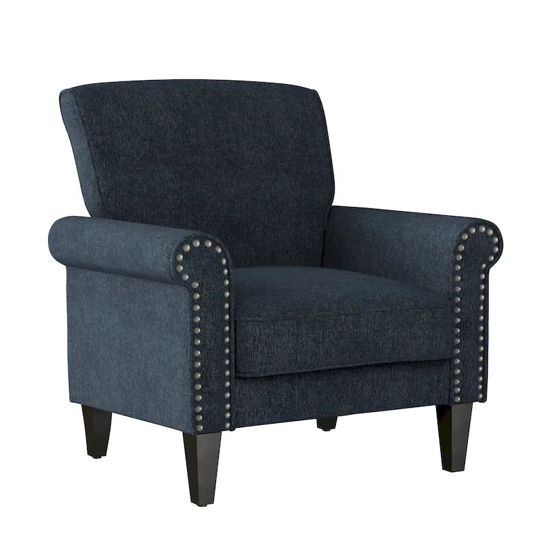 Rolled Arm Accent Chair with Pewter Nail-Head Trim – 34W x 31D x 35.5H in