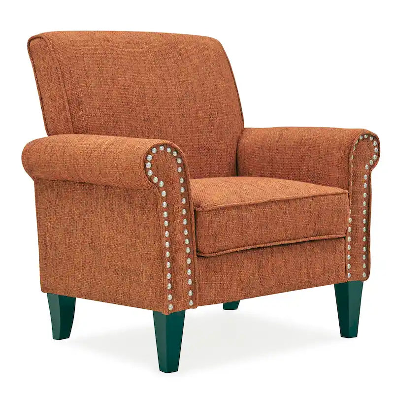 Rolled Arm Accent Chair with Pewter Nail-Head Trim – 34W x 31D x 35.5H in
