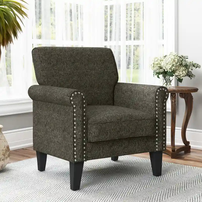 Rolled Arm Accent Chair with Pewter Nail-Head Trim – 34W x 31D x 35.5H in