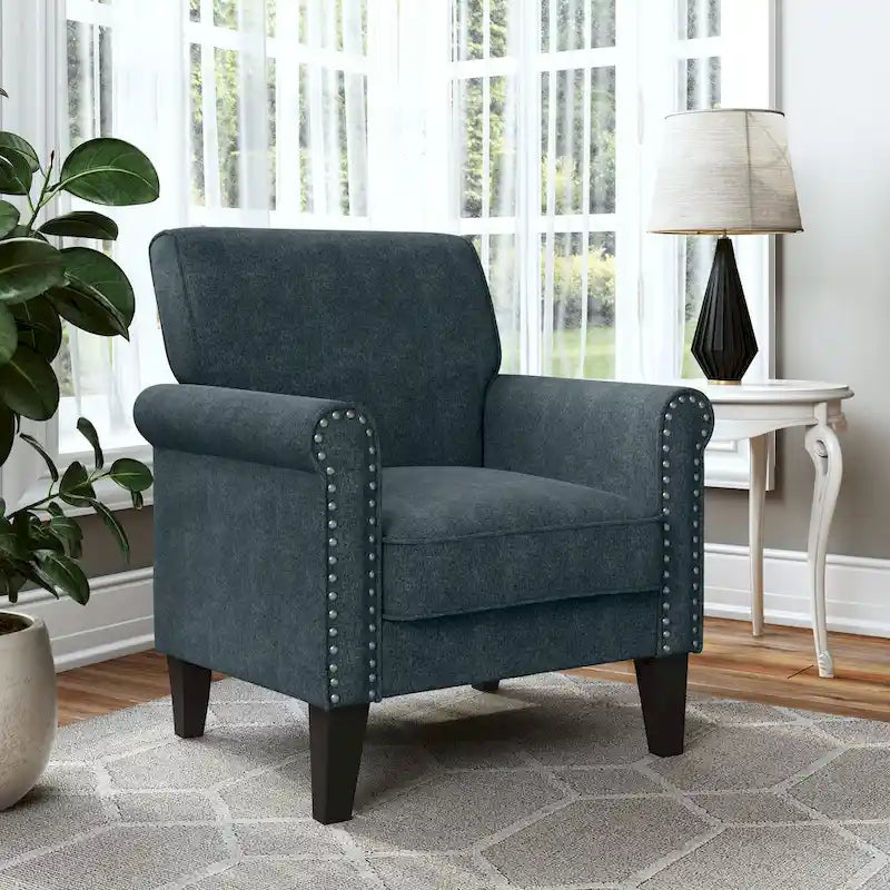 Rolled Arm Accent Chair with Pewter Nail-Head Trim – 34W x 31D x 35.5H in