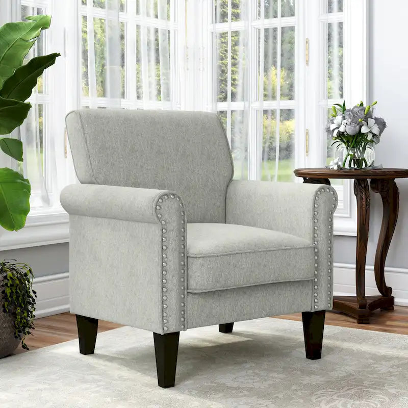 Rolled Arm Accent Chair with Pewter Nail-Head Trim – 34W x 31D x 35.5H in