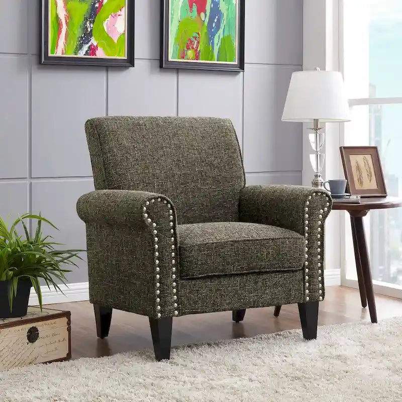 Rolled Arm Accent Chair with Pewter Nail-Head Trim – 34W x 31D x 35.5H in