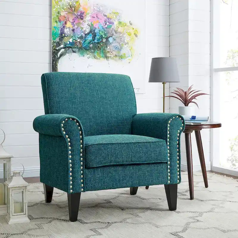 Rolled Arm Accent Chair with Pewter Nail-Head Trim – 34W x 31D x 35.5H in