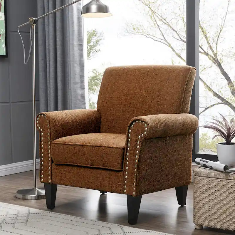 Rolled Arm Accent Chair with Pewter Nail-Head Trim – 34W x 31D x 35.5H in