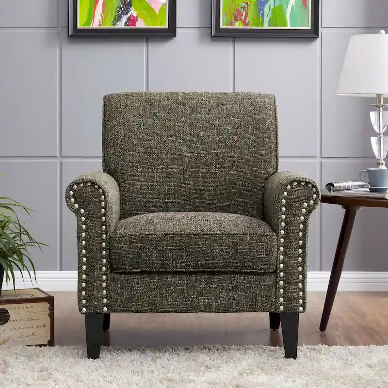 Rolled Arm Accent Chair with Pewter Nail-Head Trim – 34W x 31D x 35.5H in