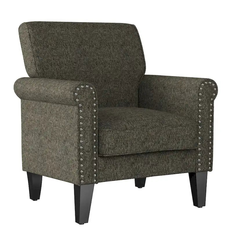 Rolled Arm Accent Chair with Pewter Nail-Head Trim – 34W x 31D x 35.5H in