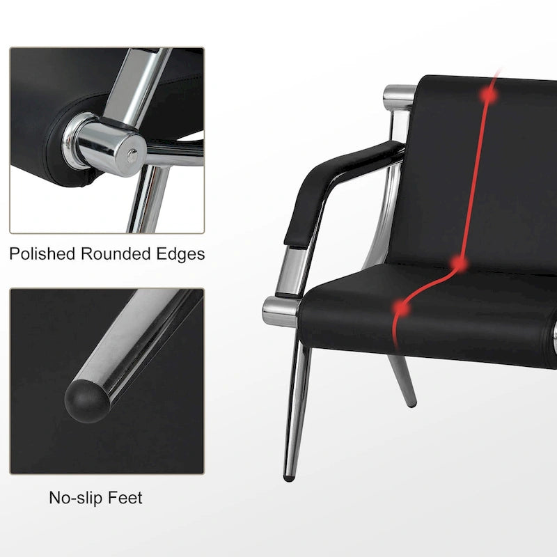 PU Leather Reception Waiting Bench – 1, 2, or 3 Seat, Chrome Steel Frame