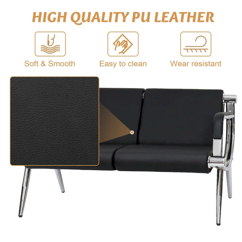 PU Leather Reception Waiting Bench – 1, 2, or 3 Seat, Chrome Steel Frame