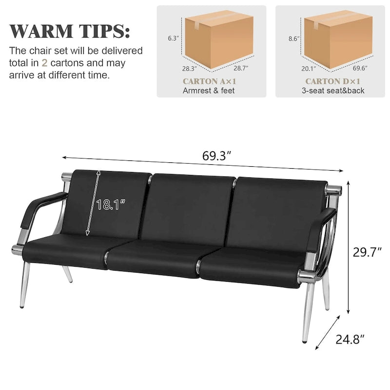 PU Leather Reception Waiting Bench – 1, 2, or 3 Seat, Chrome Steel Frame