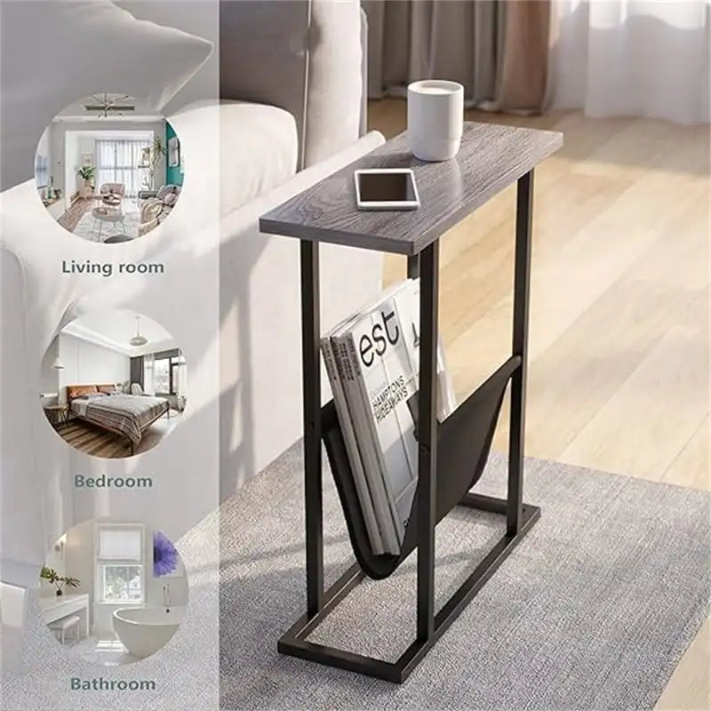 Small Narrow Side Table with Storage Bag – MDF & Metal Legs