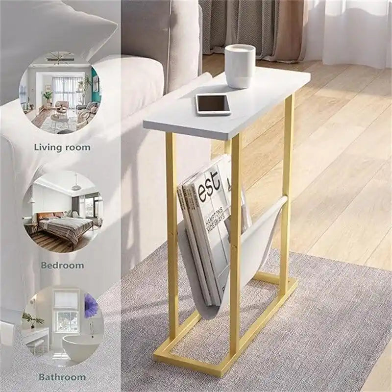 Small Narrow Side Table with Storage Bag – MDF & Metal Legs