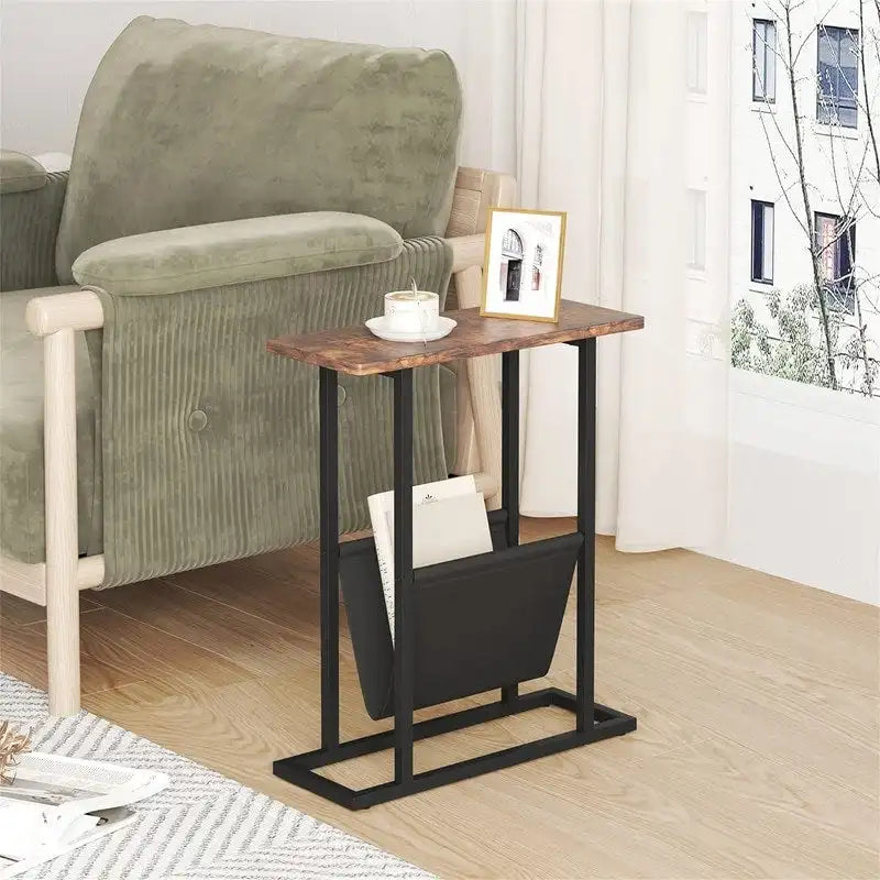 Small Narrow Side Table with Storage Bag – MDF & Metal Legs