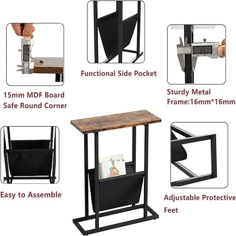 Small Narrow Side Table with Storage Bag – MDF & Metal Legs