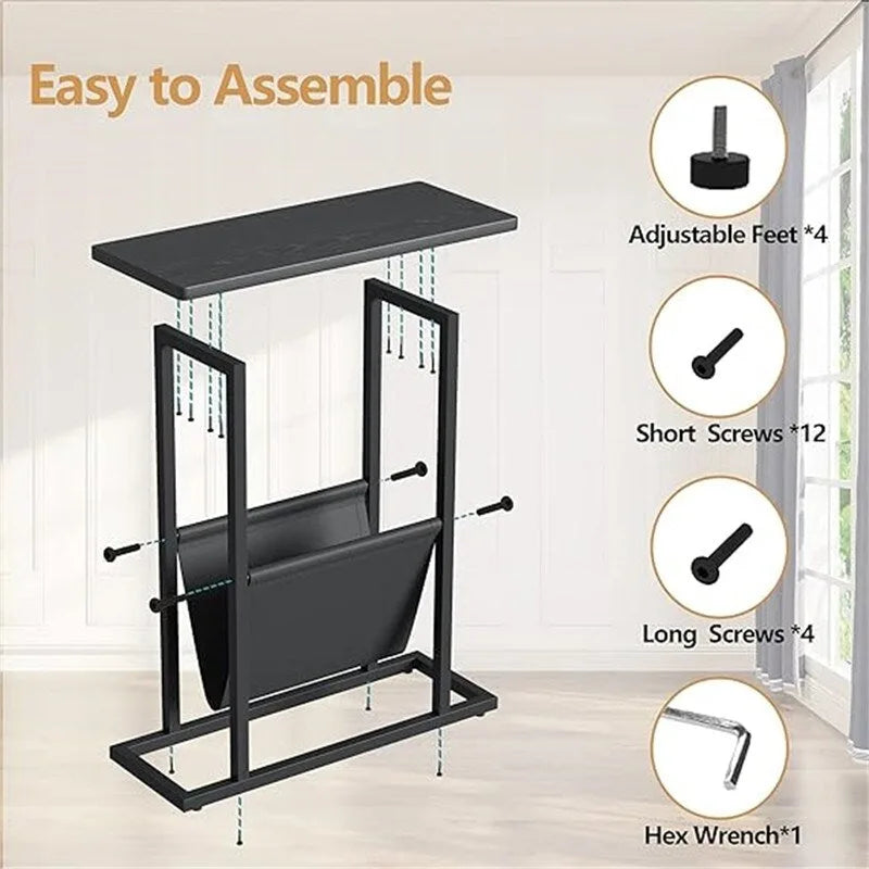 Small Narrow Side Table with Storage Bag – MDF & Metal Legs