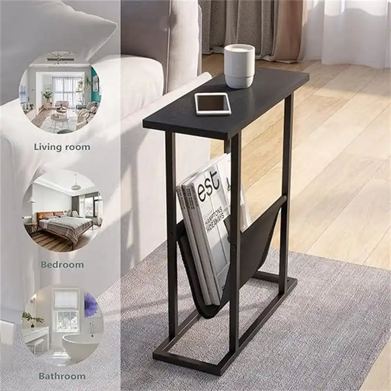 Small Narrow Side Table with Storage Bag – MDF & Metal Legs