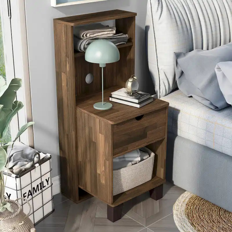 Transitional Compact Nightstand with 3 Shelves and 1 Drawer