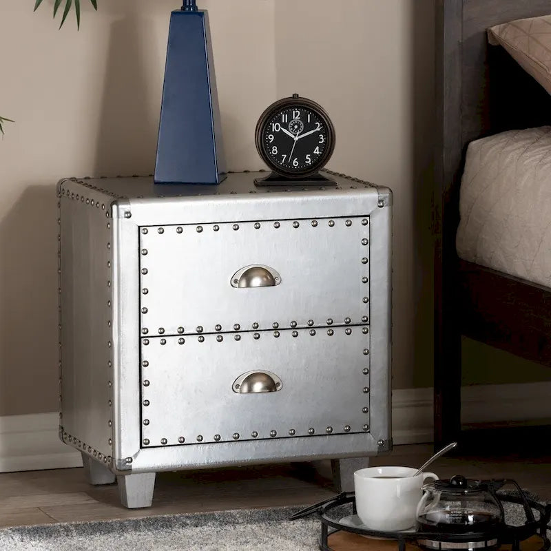  Davet French Industrial Silver Metal 2-Drawer End Table